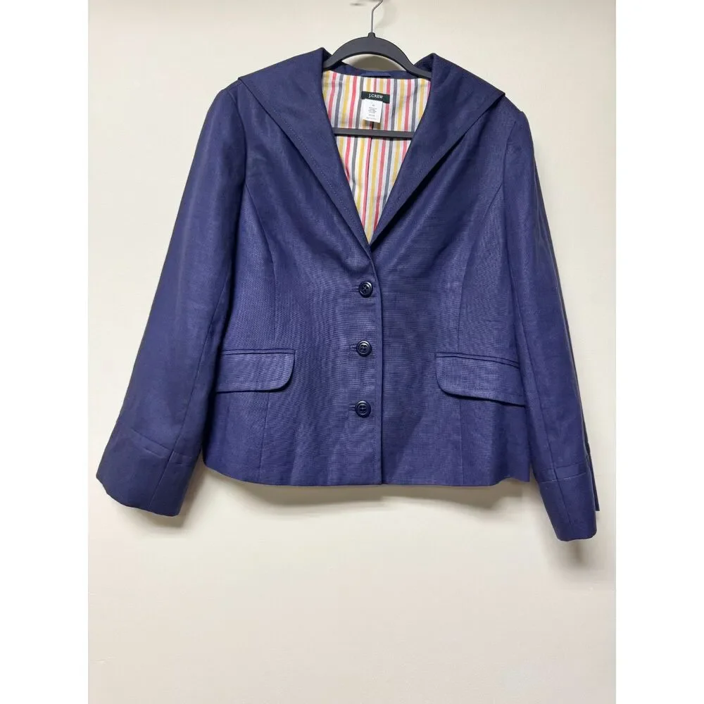 J. CREW 100% Linen Nautical Navy Blue Sailor Style Blazer, Silk/Cotton Lining 12